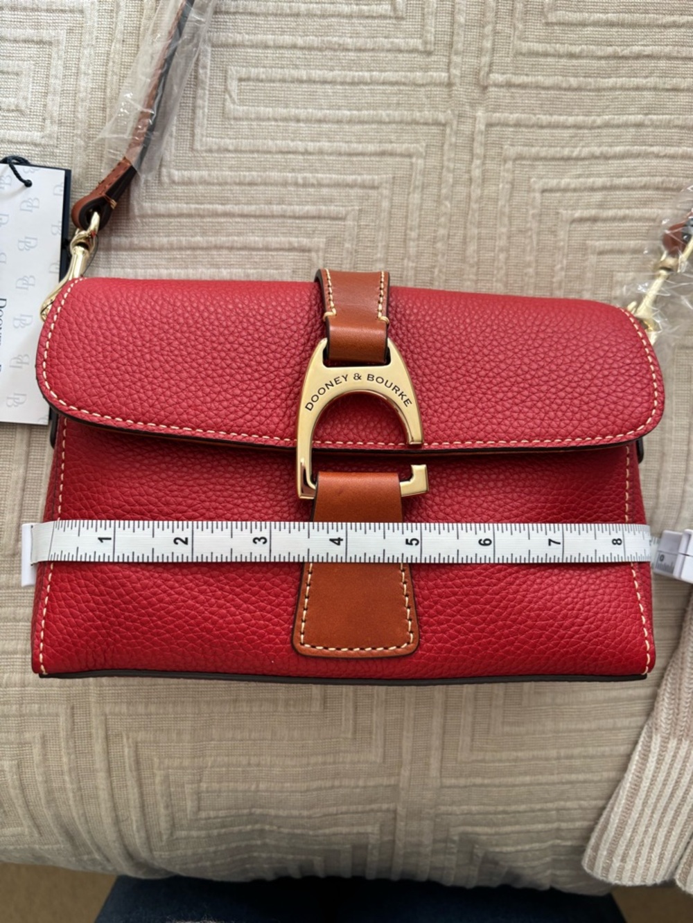 Dooney & Bourke Red Leather Shoulder Bag with Brown Trim and Gold Hardware - Picture 4 of 6